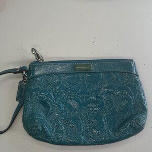 Coach Signature Wristlet Turquoise Embossed Logo Glossy Patent Leather